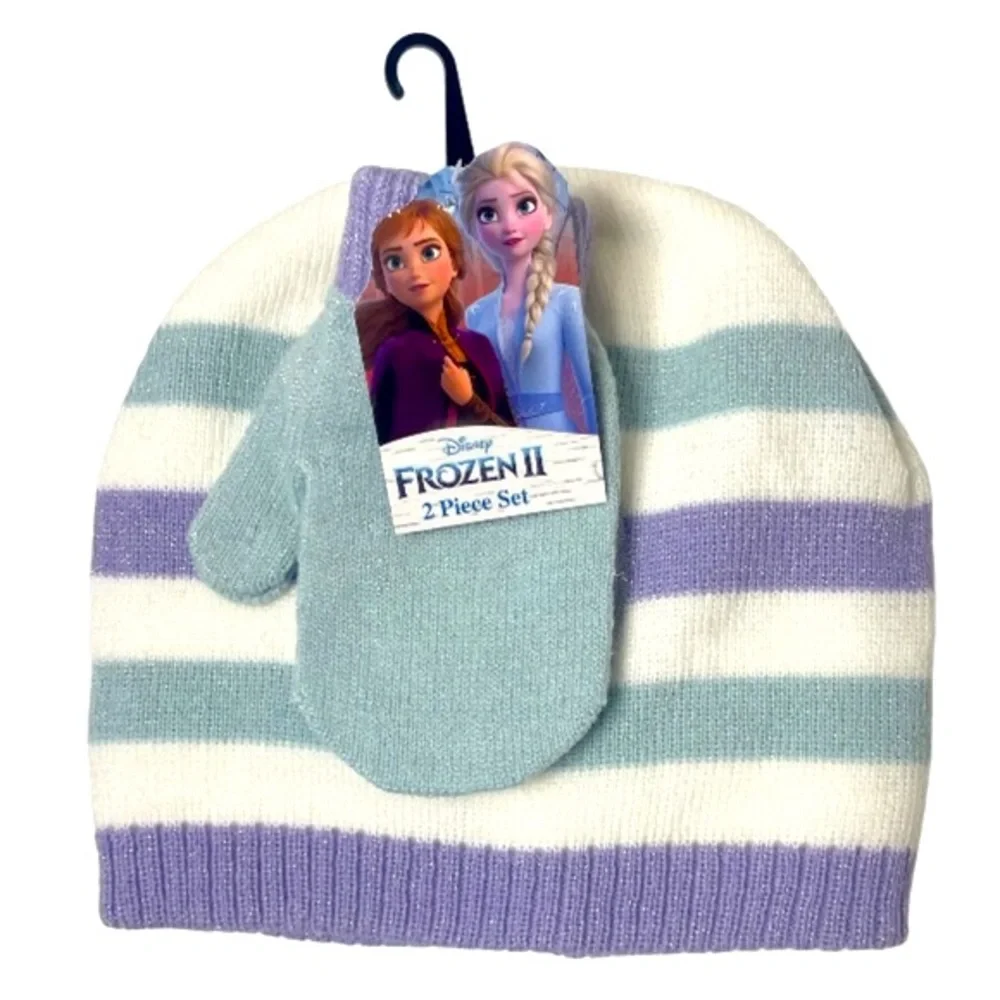 Disney Winter Hat Set Warm Princess Gloves Mittens Frozen Elsa Shimmer Striped